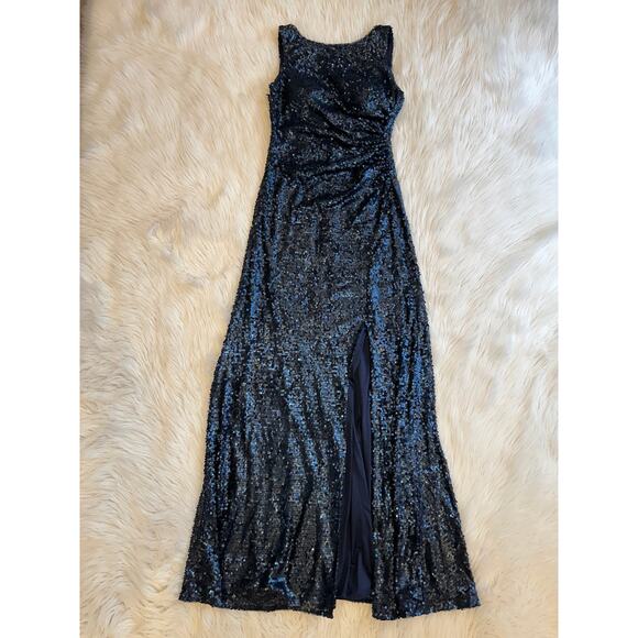Adrianna Papell Sequin Sleeveless Scoop Back Gown Sparkle Maxi Dress Navy Blue - Picture 11 of 15